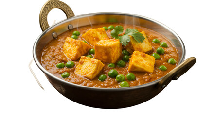 A flavorful bowl of matar paneer featuring golden paneer cubes and tender green peas in a rich, spiced tomato curry, topped with fresh cilantro