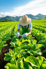 A dedicated farmer in a straw hat carefully inspects young vegetable plants in a lush green field