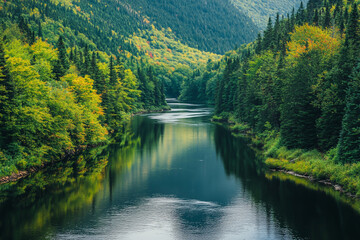 Obraz premium A serene river running through lush green forests, reflecting the vibrant colors of summer foliage.