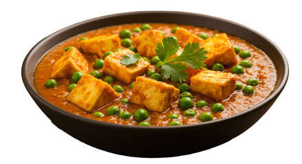 A flavorful bowl of matar paneer featuring golden paneer cubes and tender green peas in a rich, spiced tomato curry, topped with fresh cilantro