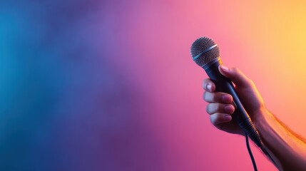A close-up of a hand gripping a microphone, set against a beautifully lit colorful background, capturing the essence of performance and expression in music.