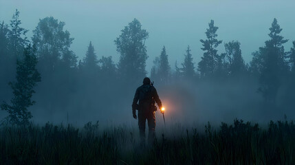 Pixelated Figure Walking Through Foggy Forest At Night