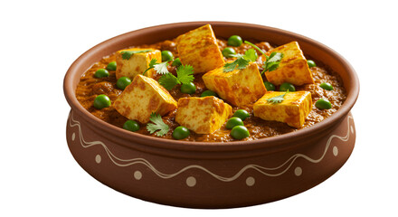 A flavorful bowl of matar paneer featuring golden paneer cubes and tender green peas in a rich, spiced tomato curry, topped with fresh cilantro