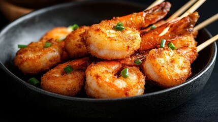 A delicious serving of crispy broiled shrimp skewers, perfectly cooked, and garnished with green onions, creating an enticing display for seafood lovers looking for a treat.