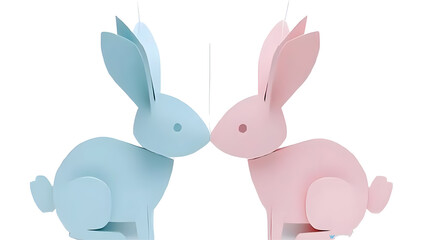 Obraz premium Cute Illustration of Two Cardboard Bunnies Pink and Blue Kissing Sweetly on Transparent Background Representing Easter Decoration Minimalist Pastel Design