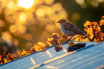 Sparrow on solar panel with autumn leaves in warm sunset glow