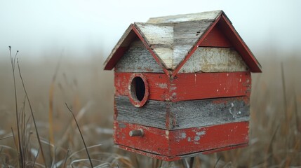 A rustic red and gray wooden birdhouse sits outdoors perfectly