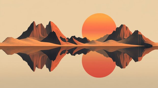 Desert Mountains Sunset Reflection with Minimal Landscape.