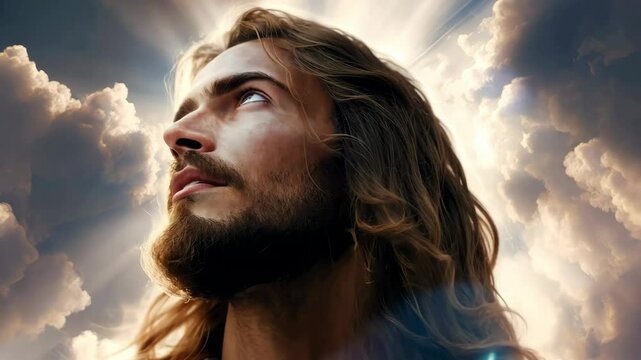 Expression of Jesus Christ The Lamb of God with clouds in the background 4K