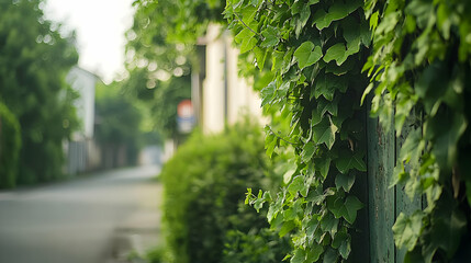 Green Vine Climbing Wooden Fence Along A Residential Street With Blurred Background And Sunlight