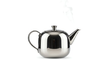 Obraz premium Silver steel teapot with steam on minimal white background.