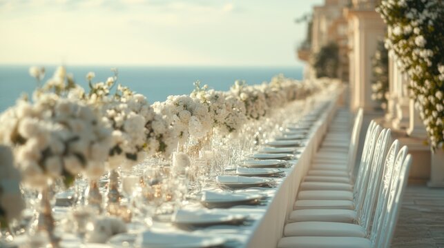 Seaside wedding reception, long table, white flowers, elegant decor