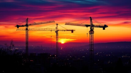 Fototapeta premium Construction Cranes at Sunset Over Cityscape