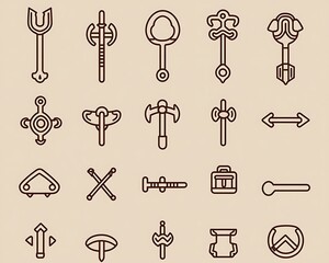 Fototapeta premium Several stylized icons of different weapons and other objects displayed