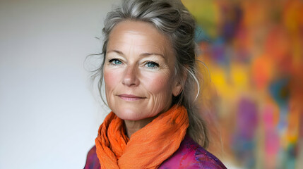 Mature Woman Portrait With Orange Scarf And Colorful Background