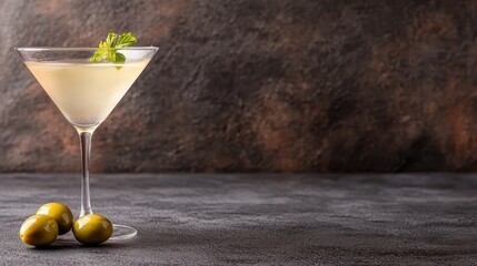 A close-up of a martini glass filled with a vibrant cocktail garnished with olives and herbs, set against a textured rustic background, capturing elegance and simplicity.