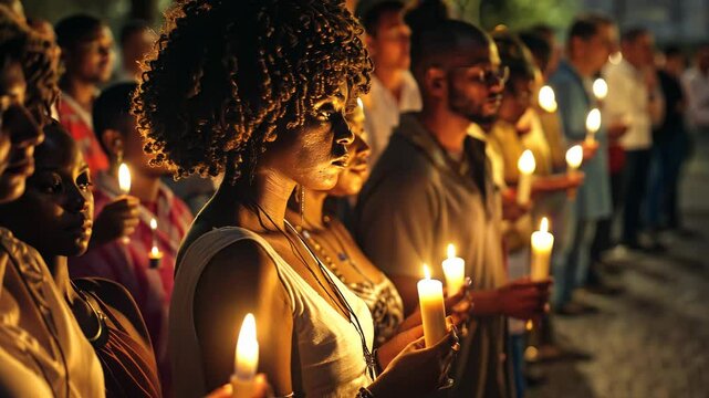 All generations and races hold candles in a moving ceremony for slave trade victims. International Day for the Remembrance of the Slave Trade and Its Abolition, August 23