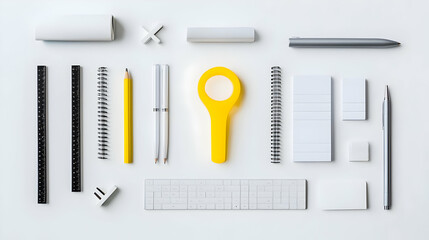 Minimal Flat Lay Composition of White and Yellow Office Supplies on a White Background Studio Shot