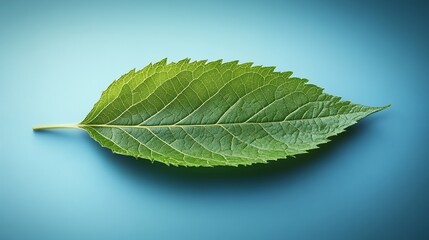 Fototapeta premium Single Green Leaf on Blue Background Nature Photography eco life plant veins fresh macro
