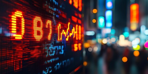Fototapeta premium Stock Market Ticker Displaying Rising Prices with Defocused City Lights in Background at Night