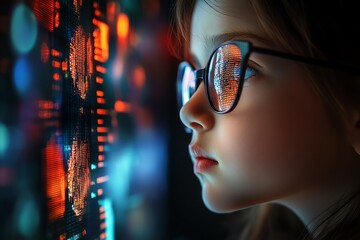 Girl Gazing: Digital World Reflected in Child's Eyes, Futuristic Art