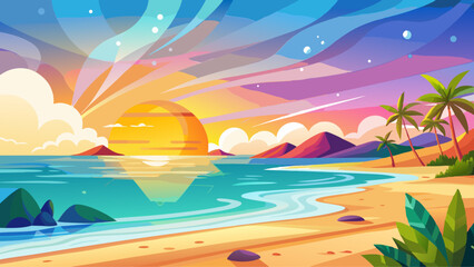 Abstract summer sea sandy beach vacation background. Bokeh sunrise sunset light on summer sea beach