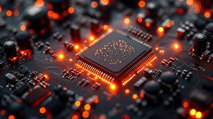 Close-up of a computer chip with a glowing data network symbol, showcasing technological advancement and connectivity.