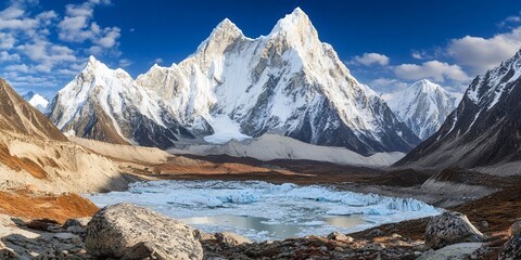 Obraz premium Majestic Himalayan Mountain Peak Winter Landscape Scene Ice Sky Snow View Cold Rock Blue
