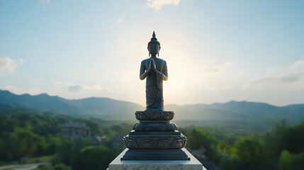 Stone Statue Of Buddha With Praying Hands On Pedestal With Mountain And Sky Background In Sunlight