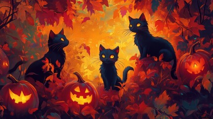 Generic Playful Halloween View Eerie Cats High Resolution