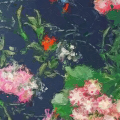 Various oil paintings of flowers, roses, peonies, chrysanthemums, birds, landscapes, and beautiful fish