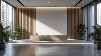 Fototapeta premium Modern office reception, minimalist furniture, blank wall, accent wall bathed in natural light.