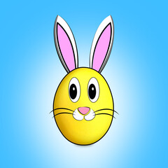 Yellow Easter egg with bunny ears and face on blue background