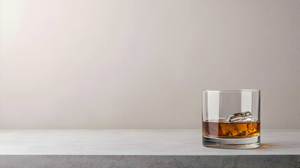 Whiskey In A Transparent Glass With Ice Cubes On A Concrete Surface With Light Background