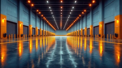 Fototapeta premium Modern warehouse interior with bright lighting, polished floor, and multiple loading docks.