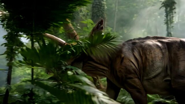 Ein Triceratops bewegt sich durch den Urwald. Die Szene wirkt realistisch und lebendig
