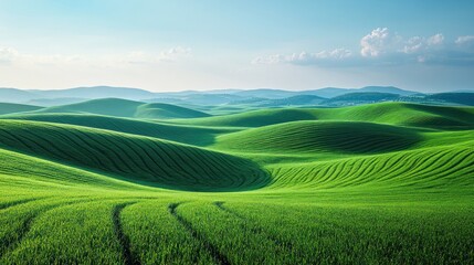 Obraz premium Lush green rolling hills under a bright sky.