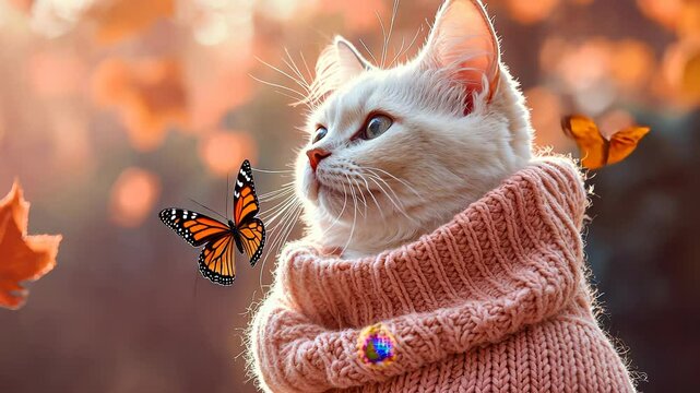 cat in a cozy knitted sweater and scarf, sits enjoying the fresh air, sits enjoying the fresh air, a butterfly lands on his nose. Spring park setting, pink colors, relaxed vibes video 4k