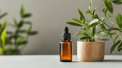 An aesthetically pleasing amber dropper bottle rests elegantly on a minimalistic surface, surrounded by lush green leaves, representing nature’s purity and healing essence.