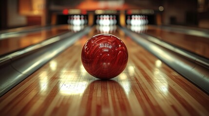 Bowling ball on polished lane, pins in background