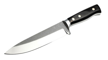 Large sharp knife with black handle on transparent background