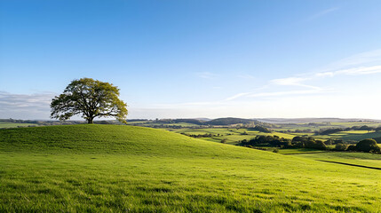 Lush Green Field with a Solitary Tree and Blue Sky Under Warm Sunlight in a Rural Landscape