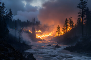 Fototapeta premium Dramatic forest fire landscape with raging flames and smoky skies near a river