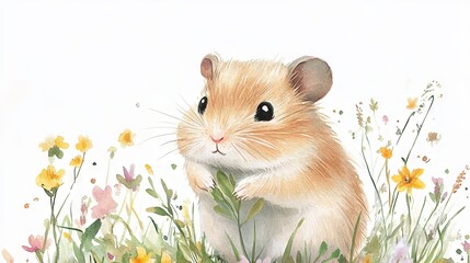 Watercolor painting of a hamster surrounded by spring foliage
