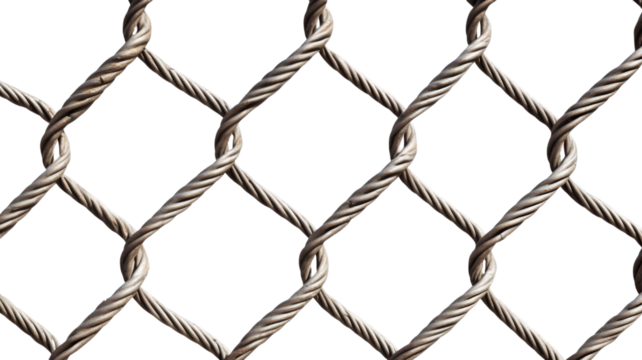Metal wire mesh fence creating repeating diamond pattern on transparent background