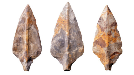 Three neolithic arrowheads showing different stages of oxidation on transparent background
