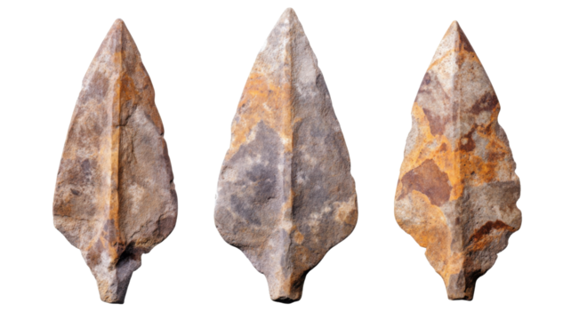 Three neolithic arrowheads showing different stages of oxidation on transparent background - Powered by Adobe