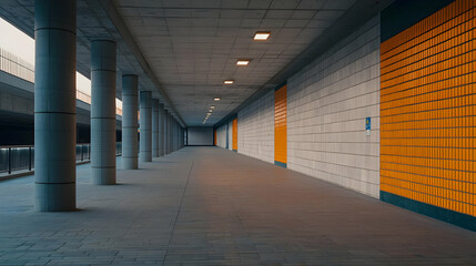 Long Interior Tunnel View with Concrete Structure Geometric Walls and Orange Panels under Dim Lighting