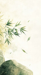 Aquarel ink painting of flying bamboo leaves, minimalist, oriental brushwork, light background. Generative AI