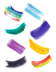 Brush strokes of paints in different colors isolated on white, set
